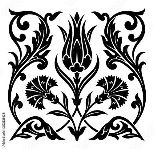 Obraz na plátne Ottoman tulip and carnation floral ornament with symmetrical foliate scrollwork
