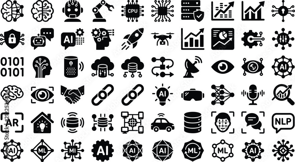 Fototapeta premium Extensive artificial intelligence and machine learning icon pack with robotics, neural networks, and data analysis.