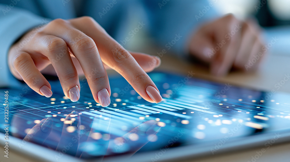 Naklejka premium Close-up of hand pointing at digital screen with online banking data and analytics interface, mobile banking and fintech solutions concept, defocused background, with copy space