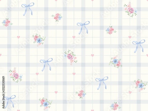 Pastel Blue Bow Floral Plaid Seamless Pattern with Pink Hearts