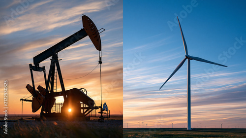 Split image oil pump jack on left side, wind turbine on right side, dramatic sky, bold contrast-no text, no watermark, no logos, no branding, no screens, no faces