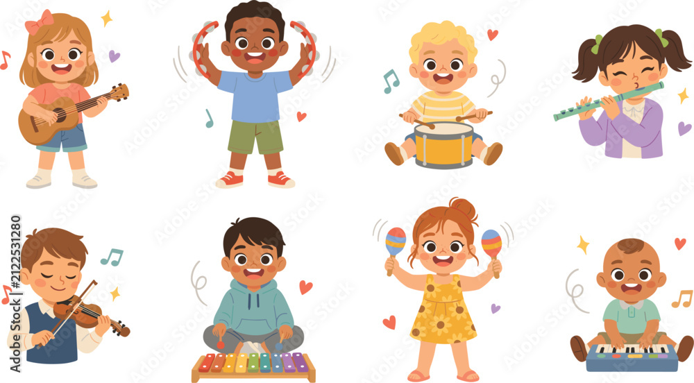 Fototapeta premium Cute Cartoon Kids Playing Musical Instruments Character Vector Set with Diverse Happy Children Singing Drumming and Dancing for Music School Education Graphic Designs