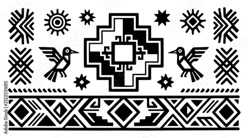 Incan cross chakana with hummingbirds and geometric tribal motifs in Peruvian style