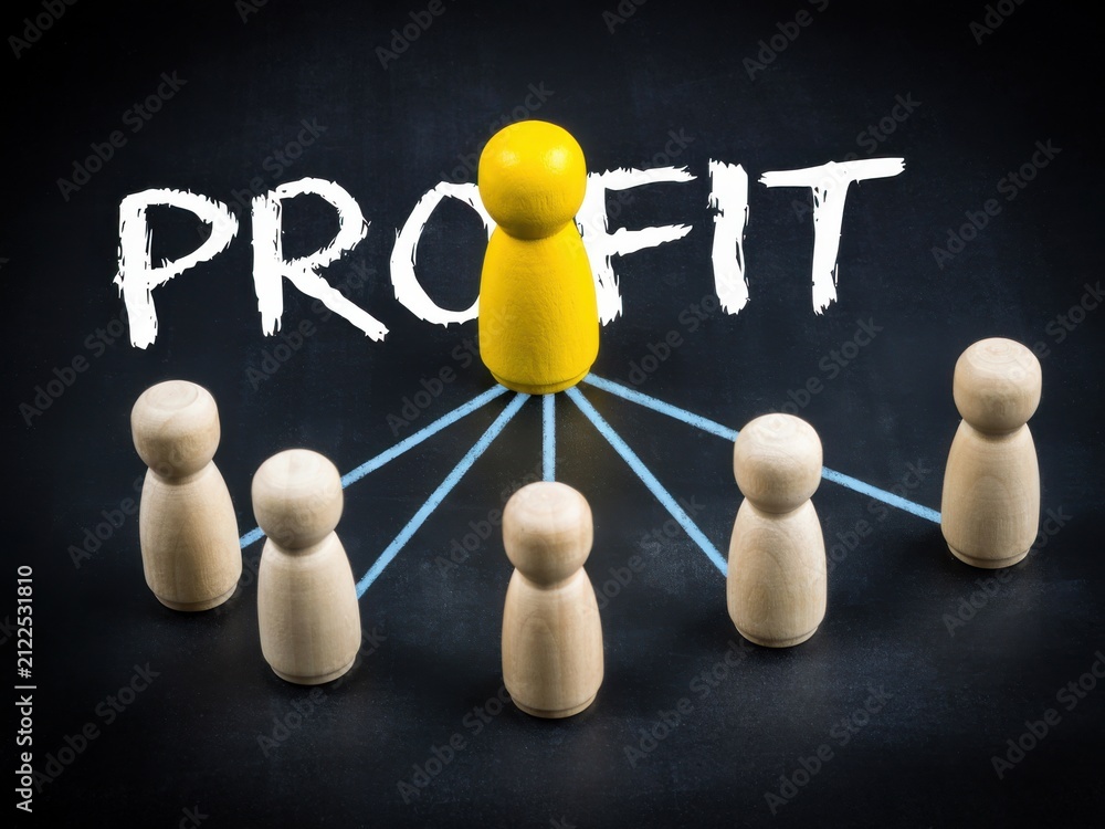 Obraz premium Business profit and leadership concept with wooden figurines and connecting lines on dark background.