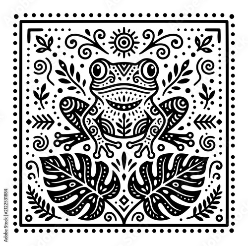 Frog sitting on tropical monstera leaves within an ornamental square frame in decorative stencil style