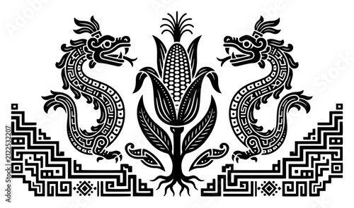 Corn plant with feathered serpents and ancient aztec patterns in tribal stencil style