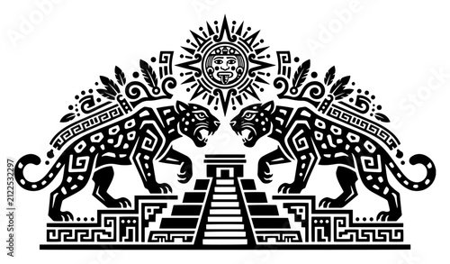 Jaguars with ancient mayan pyramid and sun symbol in mexican tribal folk art style