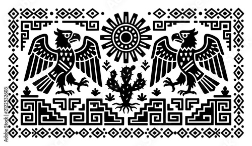 Eagle warriors with sun and cactus motifs near stepped pyramids in mexican tribal style