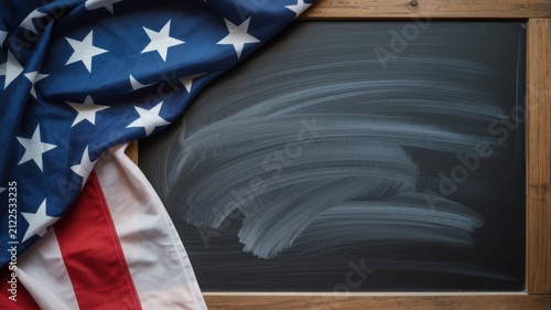 Veterans Day American flag draped over a blank wooden chalkboard with space for text for educational or patriotic announcement USA