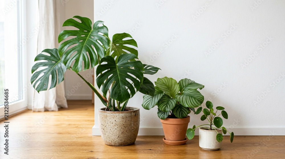 Fototapeta premium Indoor plants in pots on wooden floor near window with curtains