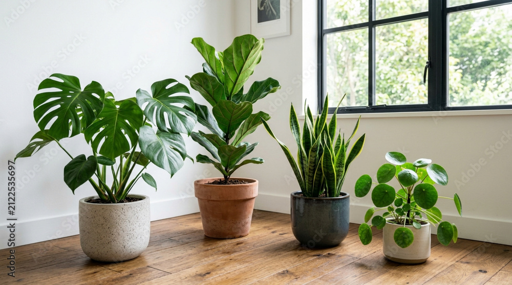 Fototapeta premium Indoor Houseplants Collection: Monstera, Fiddle Leaf Fig, Snake Plant, Pilea