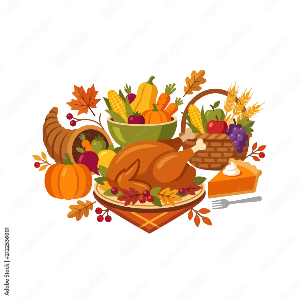 Fototapeta premium thanksgiving harvest feast with roasted turkey pumpkin pie cornucopia and autumn produce symbolizing abundance.