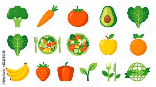 Flat Vector Icons of Fresh Fruits Vegetables and Healthy Meals