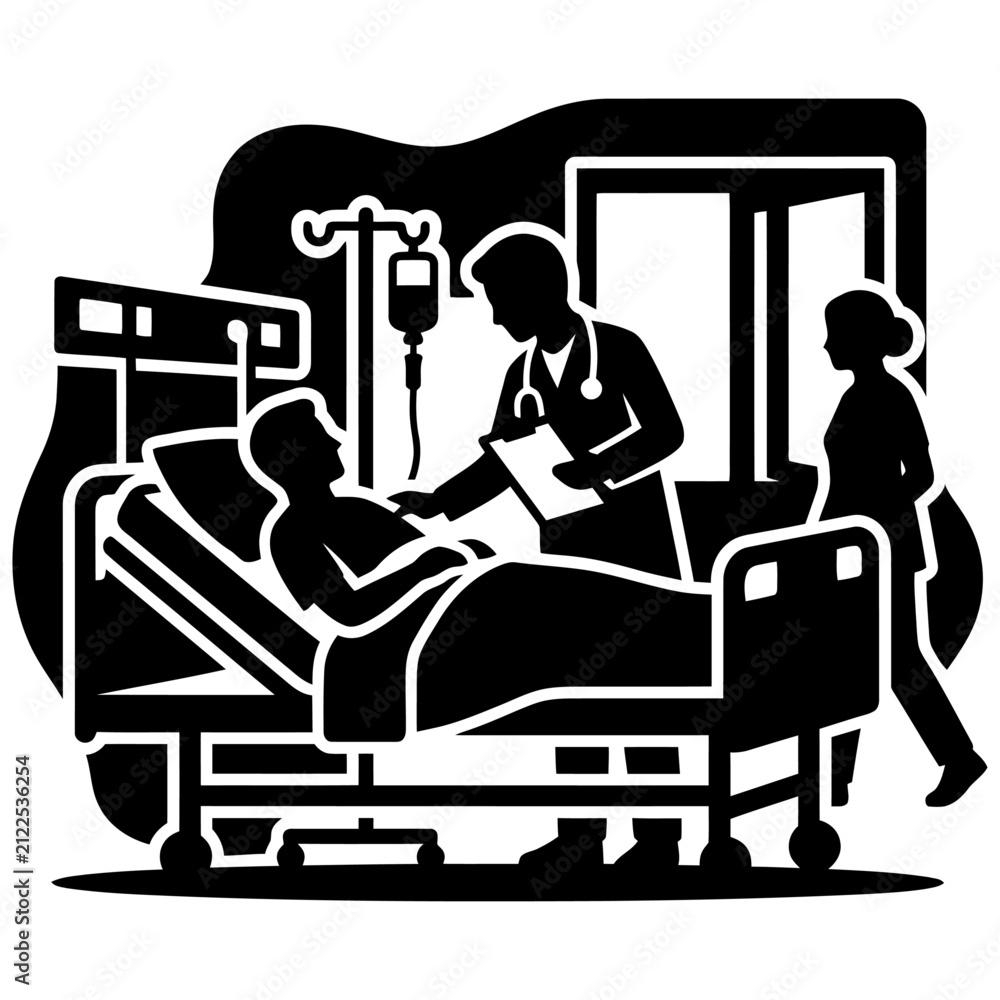 Fototapeta premium doctor and nurse caring for patient in hospital room with iv drip