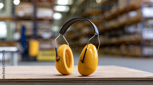 Bright yellow ear protection stands ready on a wooden surface in a blurry industrial warehouse setting, emphasizing workplace safety measures
