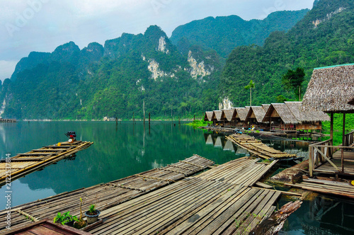 Floating bamboo rafts and bungalows in Cheow Lan Lake, Khao Sok National Park, Surat Thani, Thailand.