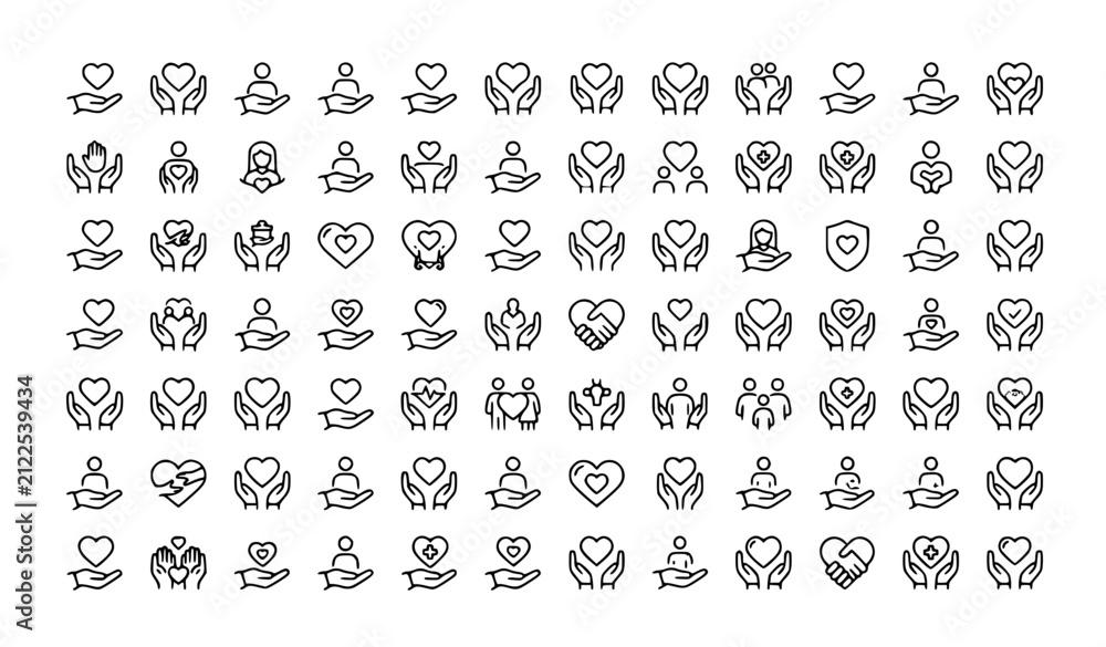 Fototapeta premium Care Heart in Hand Compassion Outline Vector Icon Set
