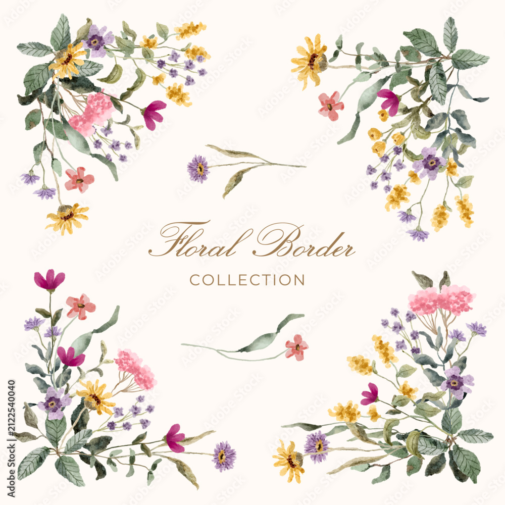 Fototapeta premium beautiful wildflower watercolor border corner watercolor collection