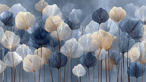 Luxury muted blue gold ginkgo leaf wire art backdrop, calm sophisticated airy minimalist botanical illustration, wall art for print decor, wallpaper, canvas, packaging, luxury brand graphic design