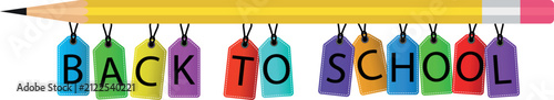 Creative back to school letter tags hanging on long yellow pencil banner layout template for educational sale offer poster party banner design