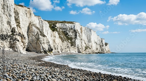 Majestic Chalk Cliffs Towering Above a Shingle Shoreline with Defined Geological Formations and a Bright Azure Sky coast coastline shore shoreline sea ocean water nature landscape geology