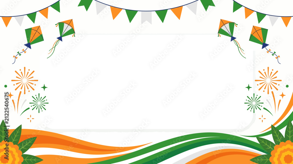 Obraz premium India Independence Day Celebration Vector Frame with Kite and Wave