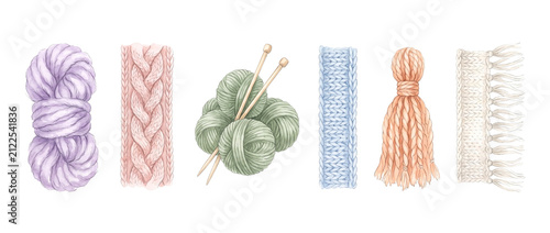 Knitting yarn balls needles set watercolor craft elements featuring pastel skein, knitted cable braid, wool tassel, and crochet fringe isolated on black background for DIY handmade winter hobby design