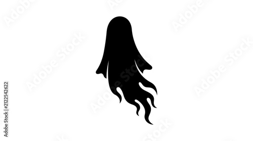 Картината върху платно Halloween, Abstract ghost with a flowing, flame-like tail and two short, downward-curving arms is rendered as a black silhouette against a pristine white background