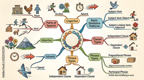 Educational grammar mind map with parts of speech and sentence patterns