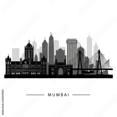 Mumbai skyline silhouette, iconic city architecture, travel concept illustration.