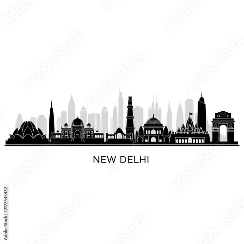 New Delhi Skyline Silhouette: Iconic Indian Cityscape Black and White Vector