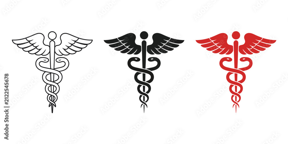 Fototapeta premium Caduceus medical icon, healthcare vector symbols featuring pharmacy signs, medicine prescription, snake staff emblem, and medical service graphics.