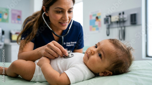 Pediatrician examines baby with stethoscope in clinic