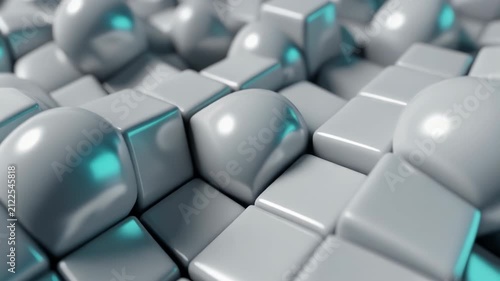 Glossy white cubes and rounded forms create an abstract futuristic surface with soft teal glowing accents, suggesting digital technology, data networks, and innovation.