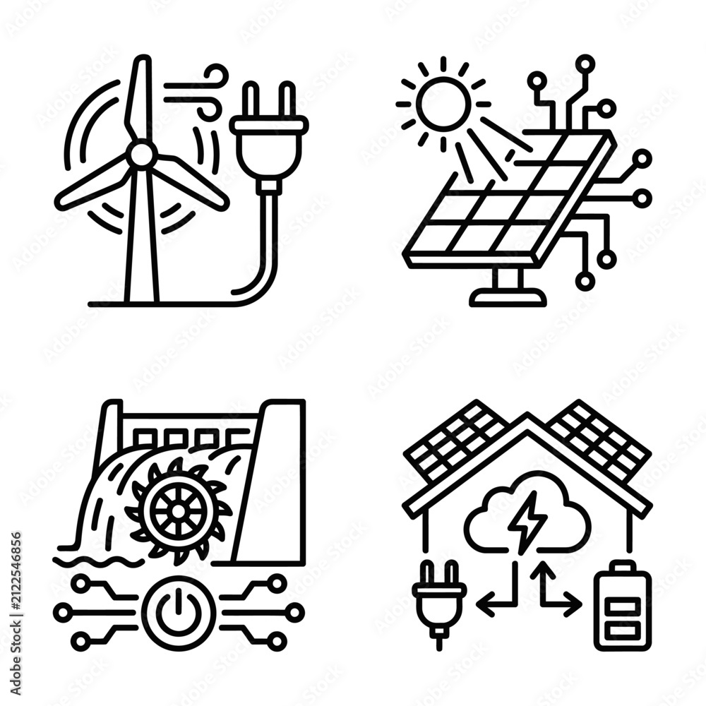 Fototapeta premium Illustration showcasing renewable energy sources and smart grid technology, highlighting wind power generation, solar photovoltaic panels, hydroelectric power with mechanical systems.