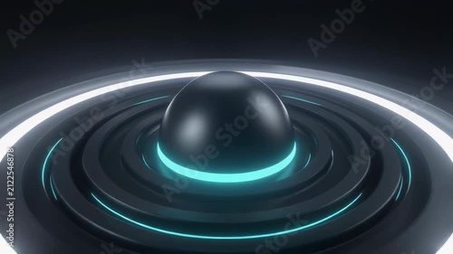 A polished dark sphere floats above concentric neon cyan rings, creating a futuristic abstract technology background with soft blue light on black surface