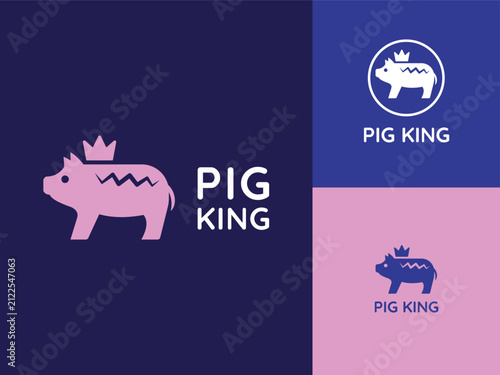 Pig King logo with crowned pig mascot in modern minimalist flat vector style