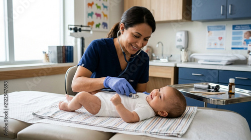 Pediatrician examines happy baby with stethoscope in clinic examination room