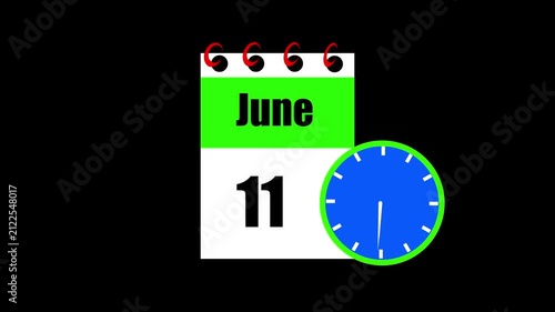 June month 11 date calendar icon animation. Animated Calendar Icon Showing Date Change with Clock Symbol Appointment Scheduling and Deadlines. Modern design calendar symbol background 4k video.