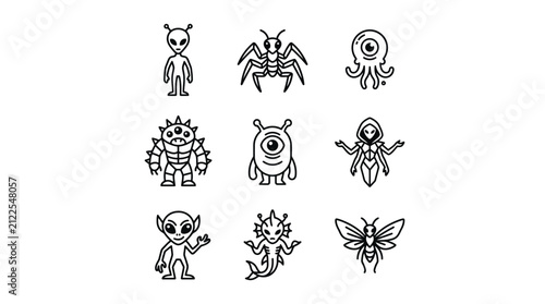 Minimalistic alien creatures vector set isolated on white
