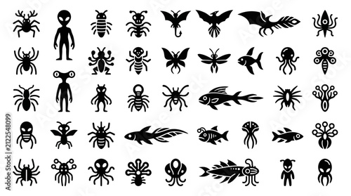 Set of abstract fantasy creatures silhouettes on white