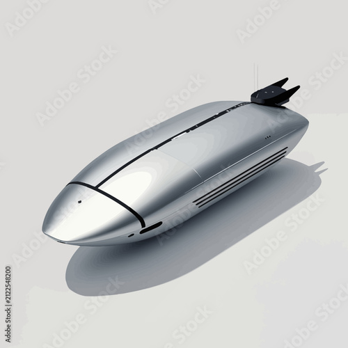 Futuristic silver streamlined object with fins on a light gray background.
