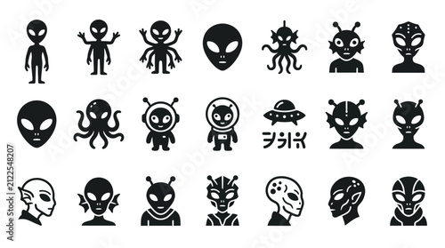 Set of Alien Icons: Black Vector Illustrations