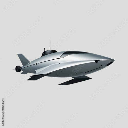 Futuristic silver submersible vehicle with sleek aerodynamic design.
