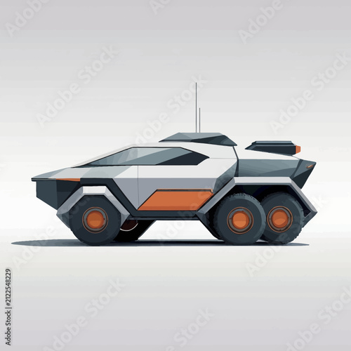 Futuristic six-wheeled armored vehicle with orange accents and antenna.
