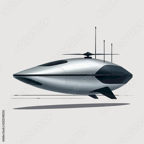 Futuristic sleek silver drone vehicle with antennas and rotor.