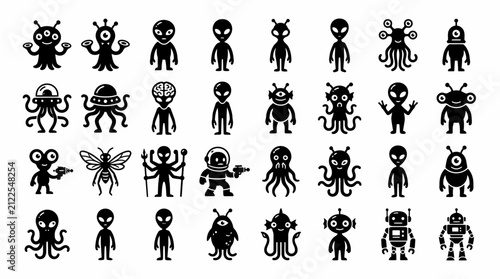 Set of cartoon alien creatures in various poses | Vector illustration