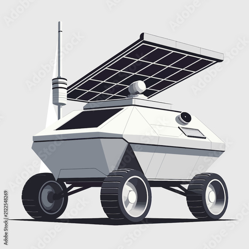 Futuristic solar powered rover exploring an alien planet surface.