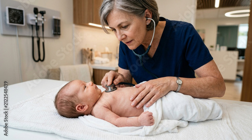 Pediatrician examines newborn baby with stethoscope, healthcare, medical checkup