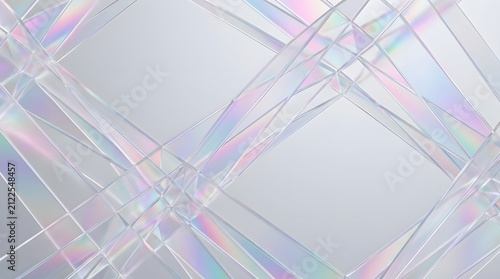 An abstract holographic glass texture featuring geometric crystal refractions and subtle rainbow light dispersion. Perfect as a futuristic background for modern branding, digital technology mockups.